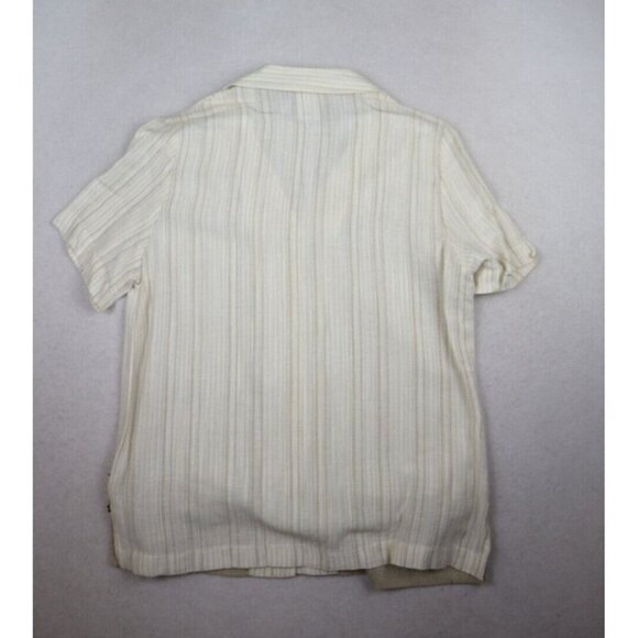 WOMEN'S BEIGE STRIPED SHORT SLEEVE BUTTON-UP TOP - CM SHAPES - BEADED FRINGE PM - Picture 8 of 10